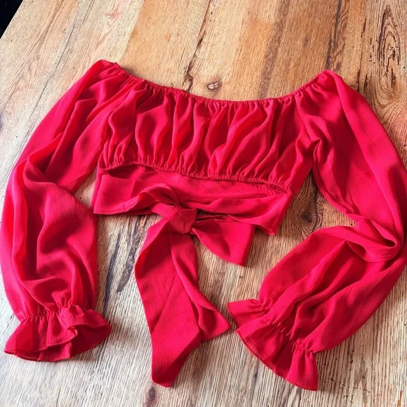 Vibrant Red Off shoulder Crop Top with Tie Back - Picture 4 of 5